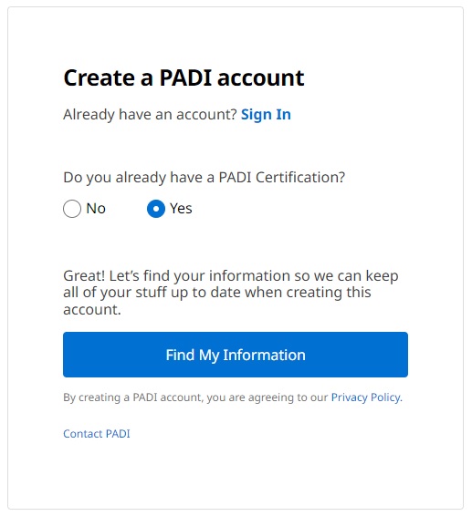 Create a PADI Account Window